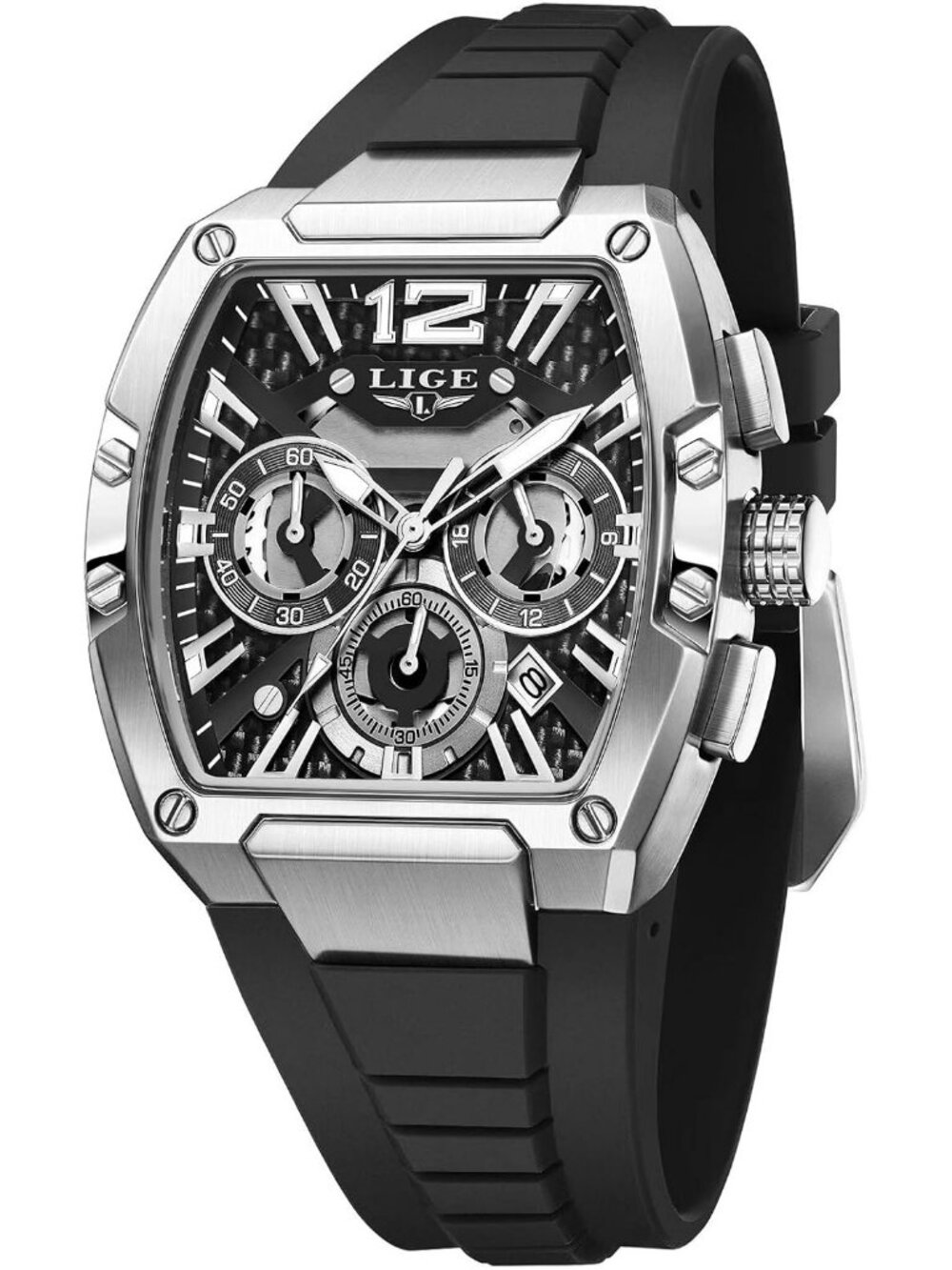 Men's Black and Silver Square Chronograph Stainless Steel Quartz Wrist Watch